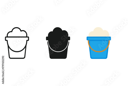 Three buckets are shown in different colors and sizes. The first bucket is white, the second is black, and the third is blue. Concept of variety and contrast, as the buckets come in different colors