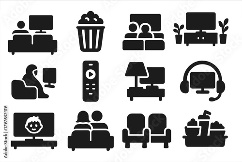 Home Theater Icons. Solid style icons of home viewing: sofa with TV, popcorn bucket, family watching TV, TV stand with plants,