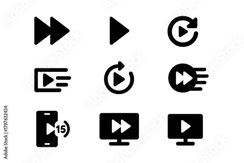 Digital Playback Icons. Solid style icons of digital playback: fast forward arrows, skip intro, next video, autoplay symbol, queue