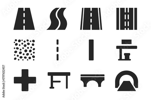 Road Icon Set. Solid style icons of roads: straight highway, curved road, two-lane street, four-lane freeway, asphalt texture,
