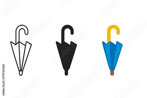 Three umbrellas are shown in different colors and styles. The black umbrella is the most prominent, with the blue and yellow umbrellas in the background. The black umbrella has a more classic