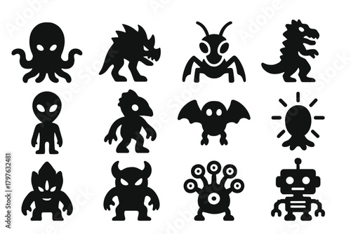Diverse Space Creatures. Solid style icons of space creatures: tentacle monster, alien beast, insectoid alien, reptilian creature,