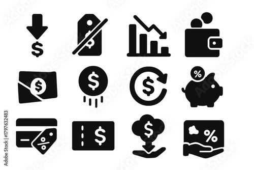 Pricing Reduction Icons. Solid style icons of pricing reduction: arrow down price, crossed-out price tag, savings chart, wallet