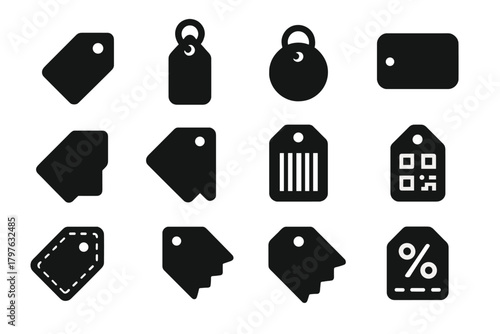 Solid Style Price Tags. Solid style icons of price tags: classic price tag, hanging tag, round tag, rectangular tag, folded tag,