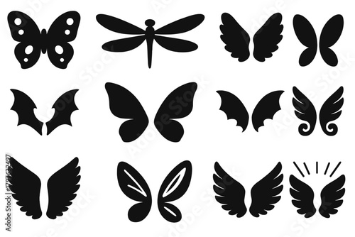 Diverse Wing Icons. Solid style icons of wings: butterfly wings, dragonfly wings, angel wings, bat wings, fairy wings, bird wings,