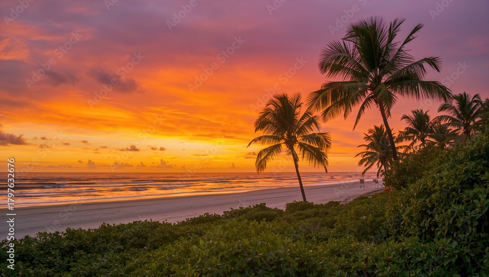Obraz premium Ocean sunset with palm trees, serene beach landscape, seasonal change