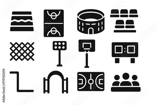 Basketball Court Icons. Solid style icons of Indoor and outdoor courts: wooden floor, street court, stadium, bleachers, fence,