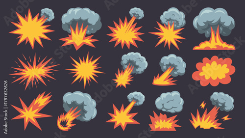 Vibrant cartoon explosion, burst, and smoke cloud effects set for graphic design projects. dynamic elements like fire and energy impacts.