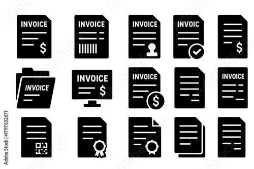 Solid Invoice Icons. Solid style icons of Invoices: invoice paper, invoice with barcode, invoice with stamp, invoice with