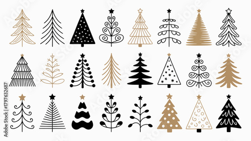 Set of minimalist christmas tree icons in various abstract styles with stars, perfect for festive holiday designs and winter celebrations