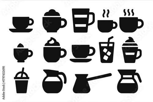 Solid Style Coffee Icons. Solid style icons of Coffee drinks: espresso cup, cappuccino mug, latte glass, americano cup, macchiato,