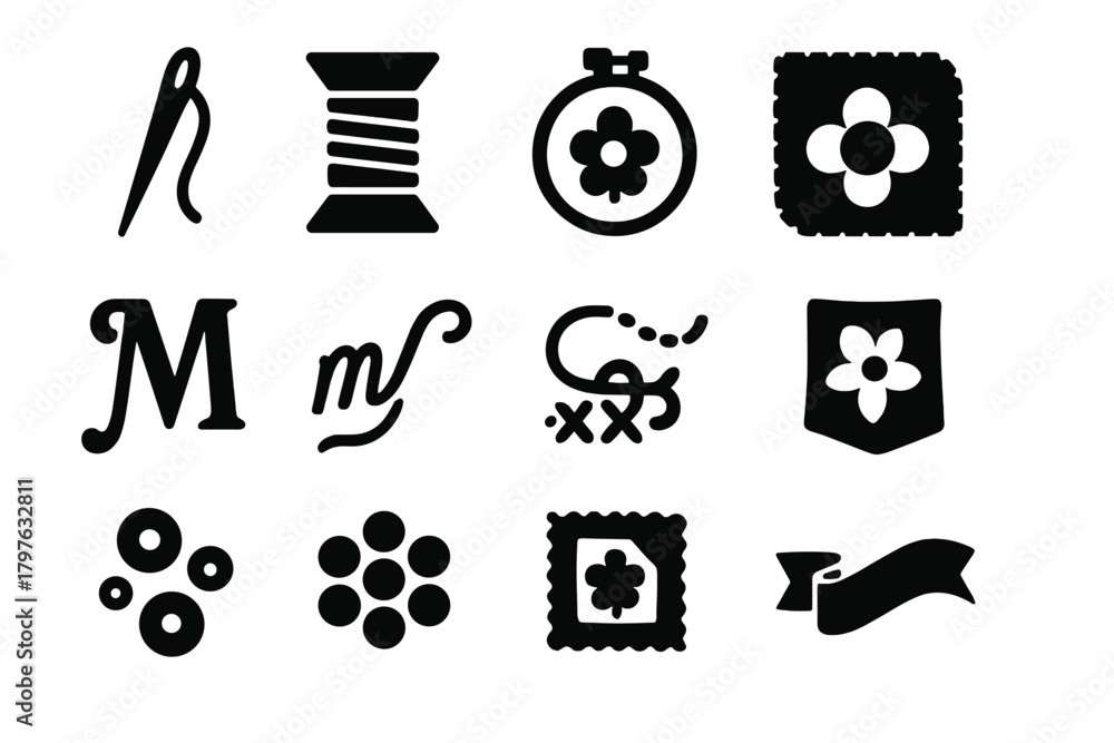 Fototapeta premium Collection of black and white icons for sewing and crafting. The icons include a needle, scissors, thread, and a flower