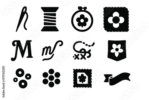 Collection of black and white icons for sewing and crafting. The icons include a needle, scissors, thread, and a flower