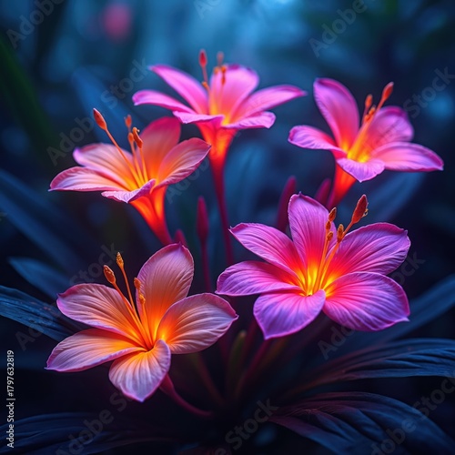 Vibrant glowing pink orange flowers bloom at night. Floral pattern features neon petals and dark foliage. Exotic blossom with bright colors for spring background, art or decoration print.