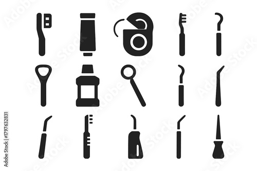 Dental Tool Icons. Solid style icons of Dental tools: toothbrush, toothpaste tube, dental floss, interdental brush, tongue scraper