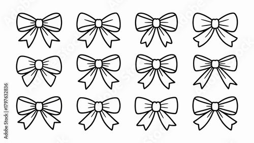 Collection of hand-drawn outline bows for gifts and decorations, perfect for festive designs, celebration themes, holiday packaging, and crafts.