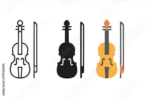 Three different colored violins are shown in a row. The black one is the leftmost, the yellow one is in the middle, and the white one is the rightmost