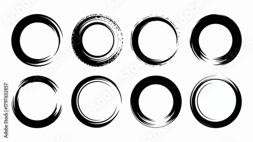Eight distinct black brush stroke circles, hand-drawn enso ink rings with diverse textures, ideal for creative modern graphic design.