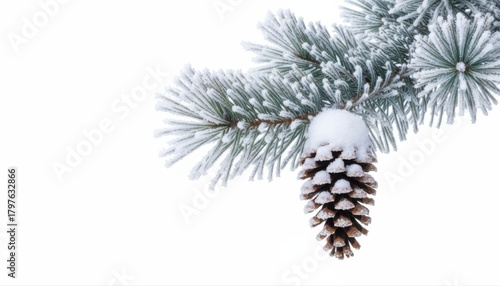 Frosted Fir Branch Isolated fir tree branch covered in snow, adorned with a small cone, perfect for winter backgrounds and festive new year greeting cards, evoking happy holiday