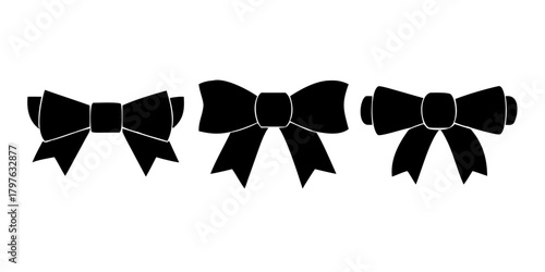 Bow ribbon black glyph set. Festive decoration, packaging, invitation elements for sale shopping Birthday Party, Valentine Day or Wedding design. Holiday anniversary surprise gift.
