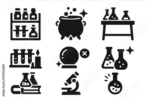 Magical Lab Icons. Solid style icons of Laboratory environment: shelves with bottles, cauldron, workbench, test tubes, flasks,