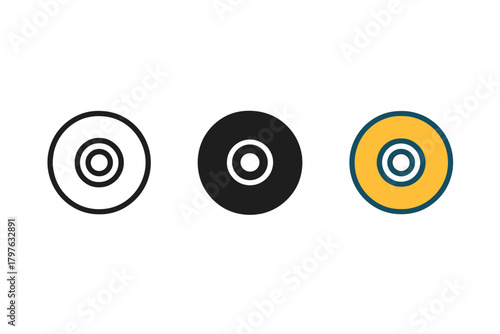 Three different colored circles with a black center. The circles are black, yellow and white. The circles are all different sizes and are all centered on a white background