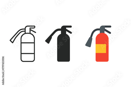 Three different colored fire extinguishers are shown in a row. The first is red, the second is black, and the third is white