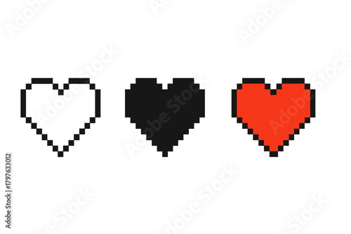 Three hearts are shown in a row, with the middle one being red and the other two being black. Concept of balance and harmony, as the three different colors of the hearts complement each other