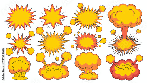 Collection of cartoon explosion and bang effects. comic style fire burst, energy shockwave, and smoke cloud graphics. dynamic, vibrant visual elements for design projects, games, and animations.