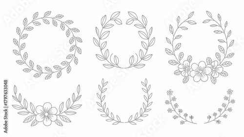 Elegant hand drawn floral and leaf wreaths, laurels, and frames vector set for wedding invitations, logos, and decorative designs on white background