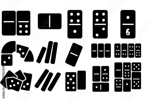 Collection of black dominoes with numbers and shapes. The shapes are all different and the numbers range from 1 to 6
