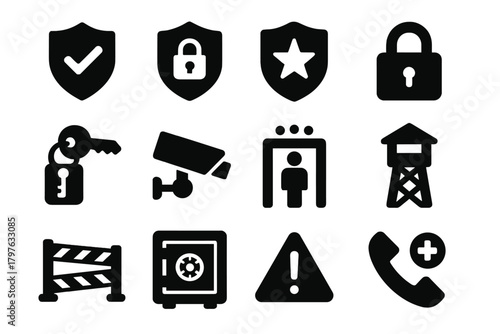Safety & Security Icons. Solid style icons of safety and security: shield check, shield lock, shield star, padlock, key access,
