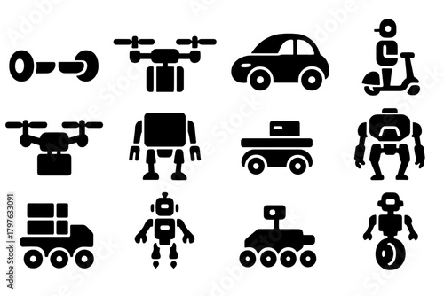 Futuristic Transport Robots. Solid style icons of Futuristic transport robots: hoverboard, delivery drone, autonomous car, robot