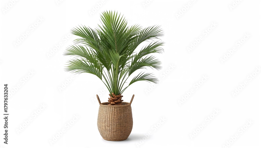 Fototapeta premium Kentia palm plant in a seagrass basket, enhancing indoor greenery, urban gardening