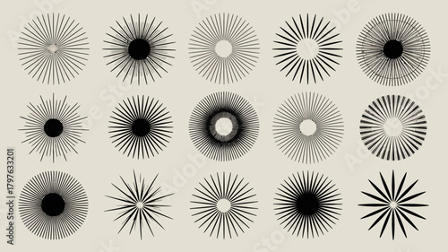 Collection of abstract radial lines, sunbursts, and starbursts in various geometric and modern styles, design elements.