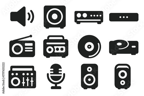 Sound Device Icons. Solid style icons of sound devices: loudspeaker, subwoofer, amplifier, soundbar, radio, cassette player, vinyl