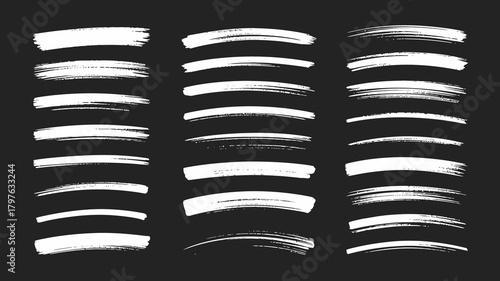 Collection of diverse white grunge brush strokes, hand-drawn textured lines, and artistic elements for various design projects