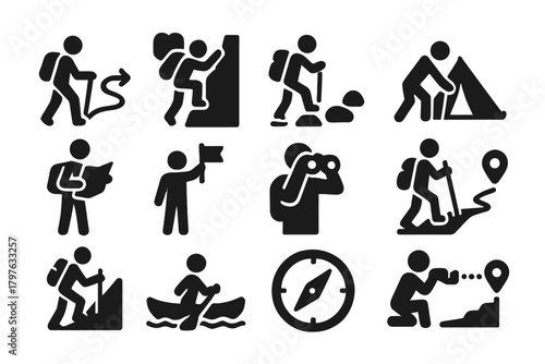 Adventure Action Icons. Solid style icons of Adventure actions: walking trail, climbing rock, crossing river, setting camp,