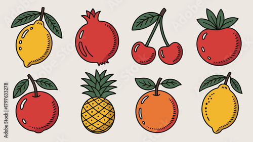 Hand-drawn collection of fresh, vibrant, ripe fruits including lemon, pomegranate, cherry, apple, pineapple, and orange vector art.