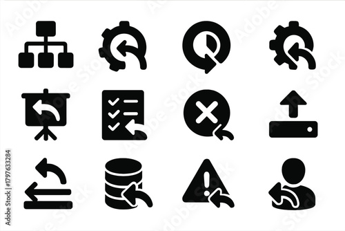 Process Undo Icons. Solid style icons of process undo: workflow reverse, gear backwards, progress back, automation undo, project