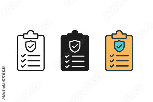 Three different colored clipboards with a check mark on them. The first one is black and white, the second is orange and the third is yellow