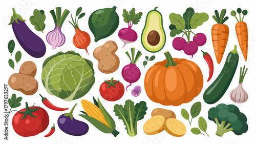 Colorful assortment of fresh, healthy vegetables illustration. organic garden harvest, cooking ingredients, and healthy food concept.