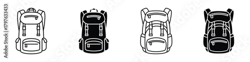 Hiking backpack icon in linear and clipart style pack on white background.