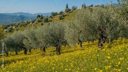 Olive trees on hills during...