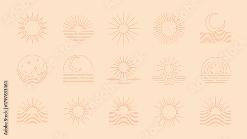 Minimalist line art collection of sun and moon icons with stylized waves, showcasing sunrise, sunset, and celestial themes. modern graphic elements.