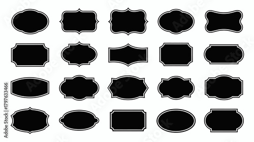 Vintage decorative labels and frames collection with diverse ornate shapes, elegant borders for retro design elements, signs, and badges