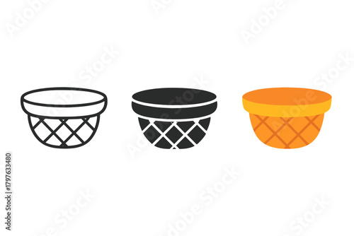 Three bowls with different colors and designs. The bowls are black and white and orange. The bowls are arranged in a row