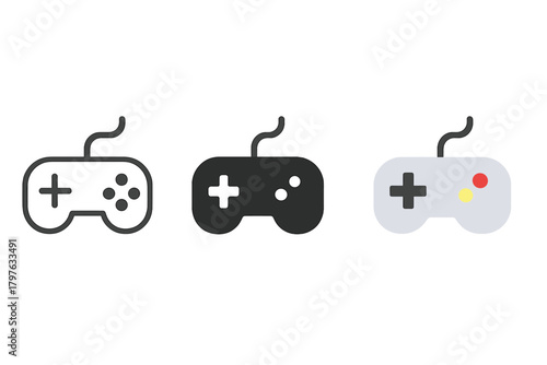 Three different video game controllers are shown in a row. The controllers are black and white, and they are all different sizes. The controllers are all connected to a cord