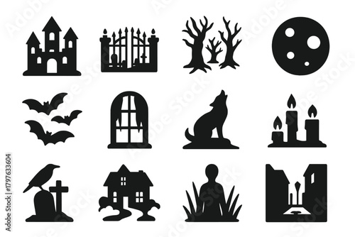 Nighttime Spooky Icons. Solid style icons of night scenes: haunted castle, graveyard gate, spooky forest, full moon, flying bats,