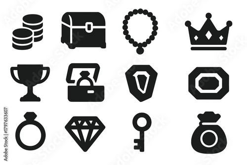 Solid Treasure Icons. Solid style icons of treasures: gold coins, treasure chest, pearl necklace, crown with gems, golden cup,